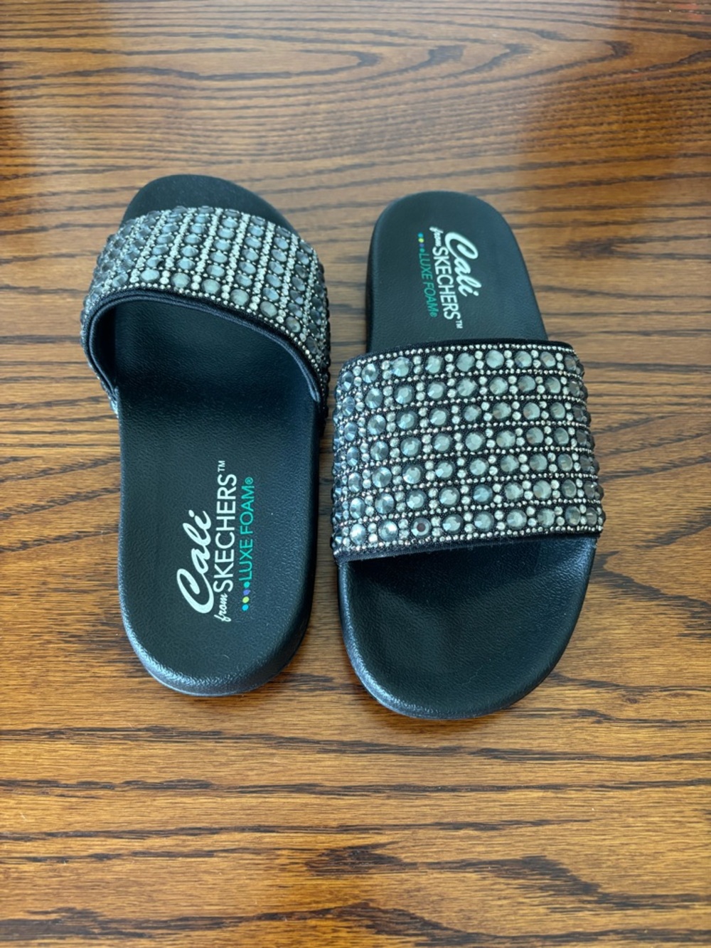 Skechers Black Luxe Foam Slide Sandals with Rhinestone